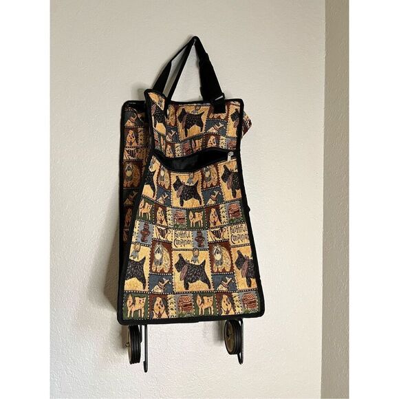 Tapestry Dog Themed Wheeled Shopping Tote With Zipper Closure - Picture 1 of 8